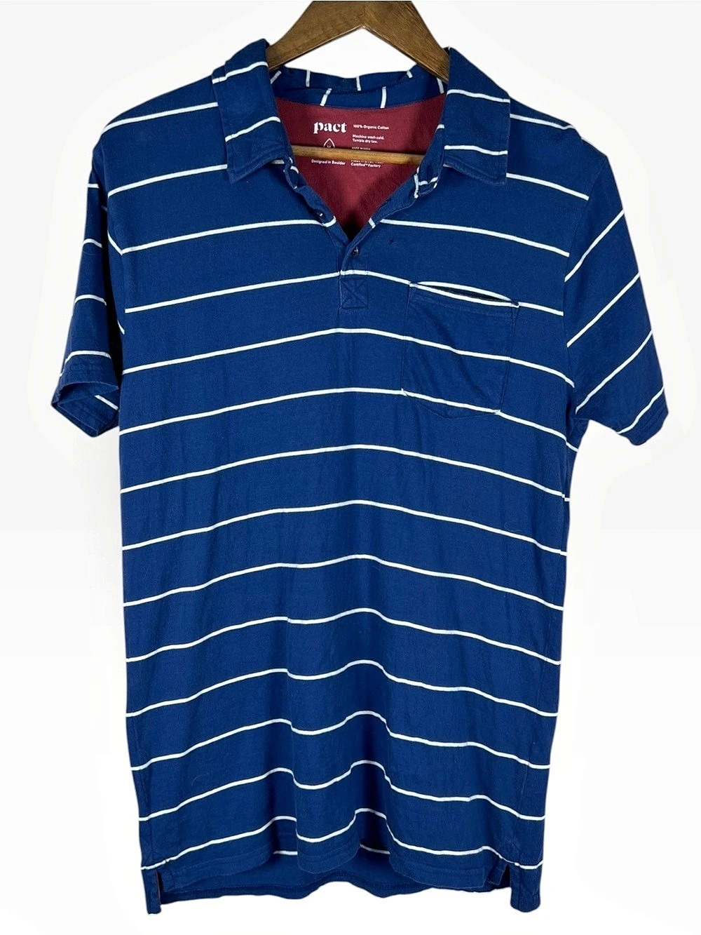 PACT Mens Polo Blue Striped Medium Organic Cotton Pocket Preppy Flaw